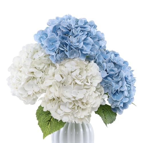 Coferset 4pcs White Blue Lifelike Hydrangea Artificial Flowers 22inch Real Touch Faux Hydrangea Flower Stem for Home Party Wedding Floral Filler Arrangements Ceterpieces BouquetsWhiteBaby Blue