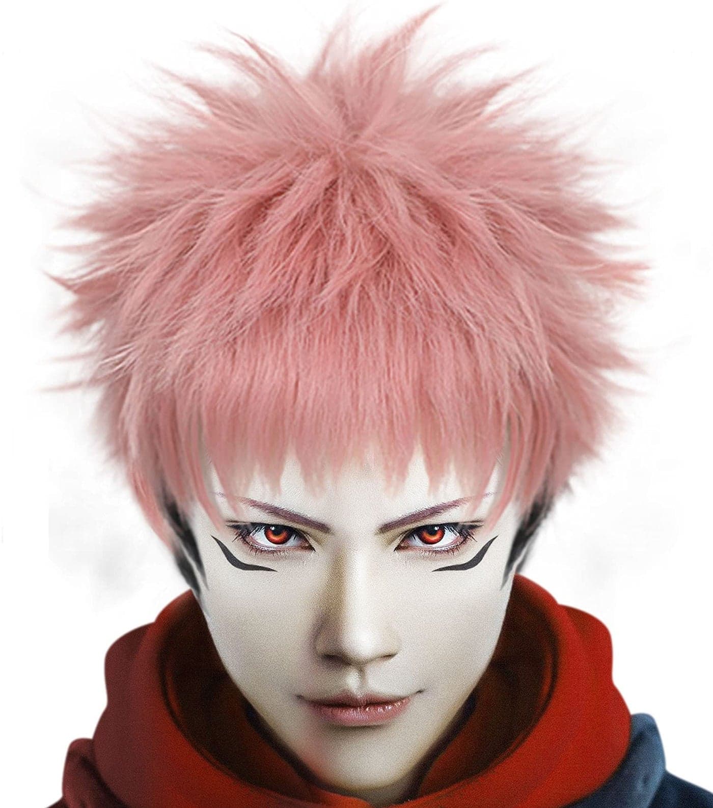ANOGOL Hair Cap+ Short Wavy Wigs for Men Pink Ombre Black Cosplay Wigs with Bangs for Anime Costume Wig for Halloween Party Short Pink Spiky Wig with Black Sideburns Pink Anime Cosplay Wig