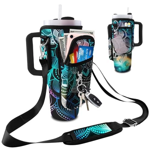 LAOTANGJIA Stanley Cup Bag with Strap Indian Hippie Bohemian Water Bottle Holde 40oz Tumbler Carrier with Strap Water Bottle Carrier Bag with Phone Pocket Stanley Cup Accessories Mandala Flower