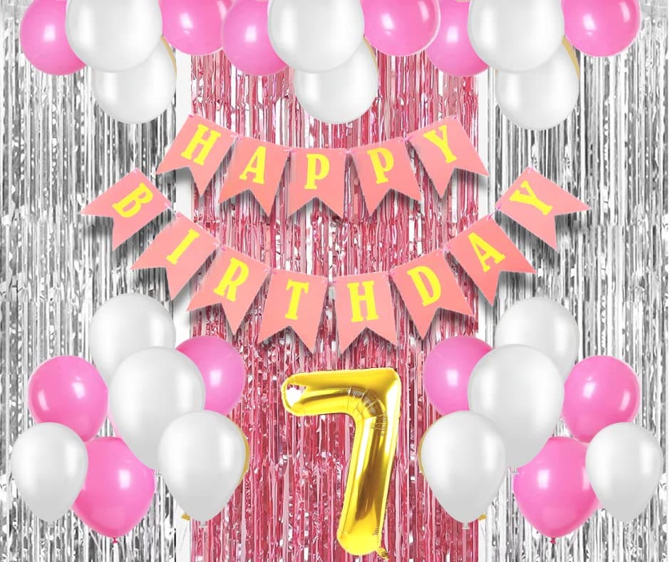 Flyloons 7th Birthday Decoration items for Girls with Pink and White Balloons, Pink Happy Birthday Banner, Pink and Silver Foil Curtain, Foil Balloon number 7