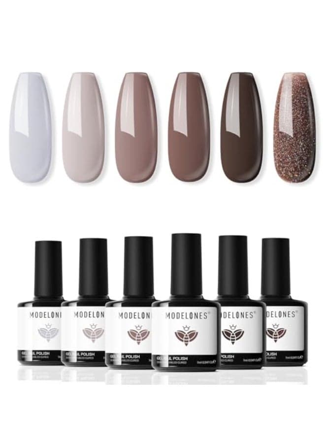 modelones Gel Nail Polish Set 6 Colors Chocolate Brown Coffee Gel Polish Kit Brown Nude Glitter Nail Kit Soak Off Popular Nail Art Gifts for Women DIY Manicure Home