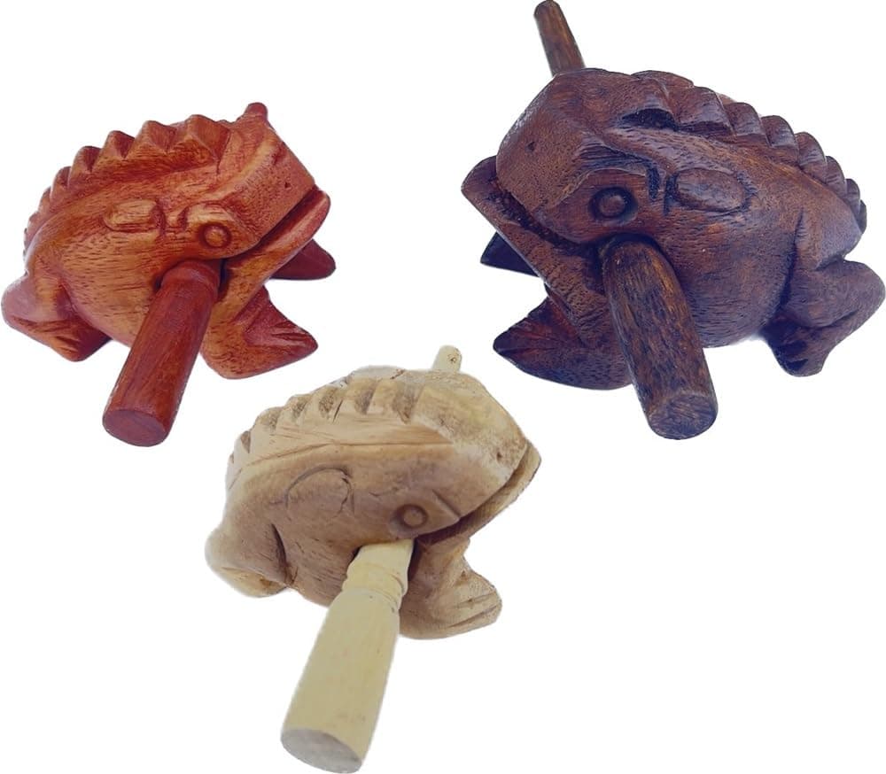 Guiros Percussion Instruments Wooden Frog wooden frog musical instrument 3 Pieces Set of 4 Inch Frog, 3 Inch Frog, and 2.25-2.75 Inch Frog Home Decor (Dark Brown/Brown/Natural Colors)