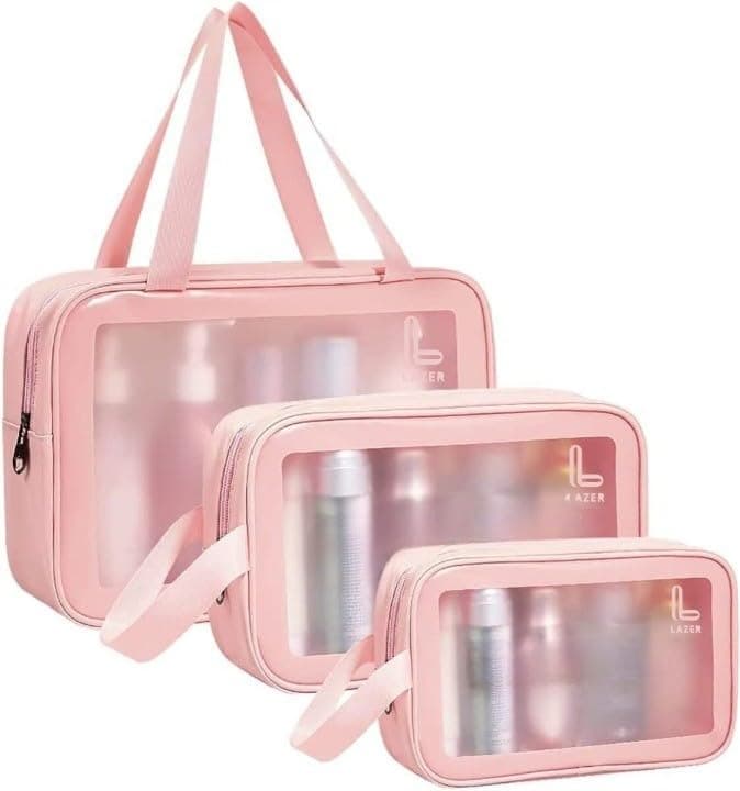 Lazer Accessories Lazer Makeup Travel Pouch, Cosmetic Bag, Travel Kit Pouch For Toiletries, Brushes And Cosmetics - Set Of 3 - Washbag Pouch - Pink
