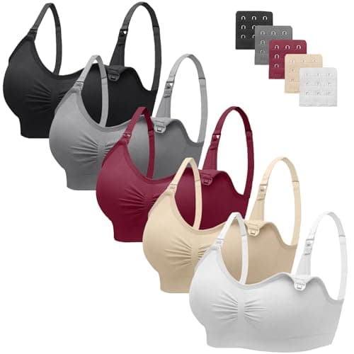 Angelhood 5 Pack Womens Maternity Breastfeeding Bra Seamless Wireless Sleep Bra with Bra Extenders