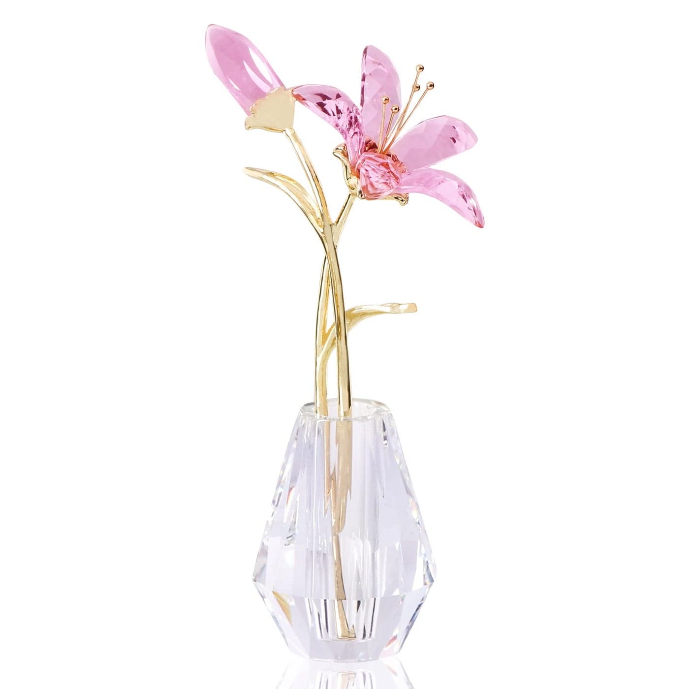 YWHL Crystal Lily Flower Figurine with Vase Handmade Pink Lily Flower Gifts for Woman Wedding Gifts for Couple Home Party Decorations Pink Lily