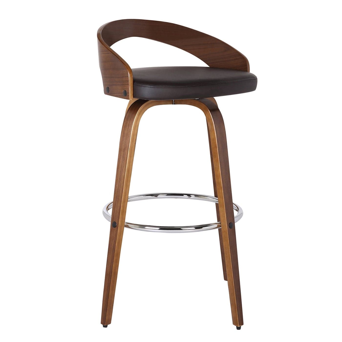Armen Living Sonia 26 Seat Height Mid Century Modern Swivel Bar Stool for Kitchen Island Counter in Brown Faux Leather and Walnut Wood