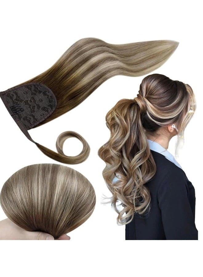 Ponytail Extension Human Hair Balayage Blonde Short Ponytail Human Hair Extensions Clips 12 Inch 70g Ombre Walunt Brown Fading to Ash Brown with Light Blonde Ponytail Hair Extension Short