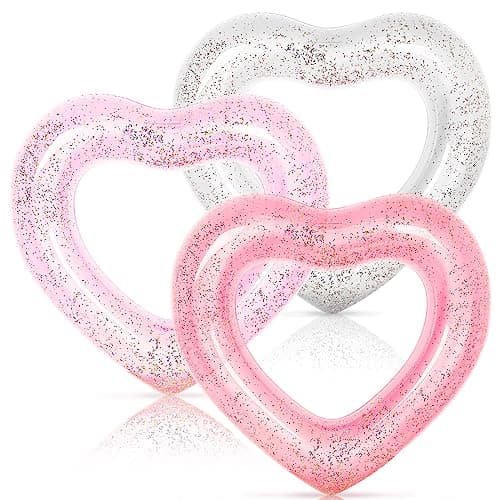 Whaline 3Pcs Inflatable Heart Pool Float with Glitter Inside Rose Gold Pink White Swim Heart Shaped Pool Rings Float Loungers Tube for Summer Swimming Pool Beach Bachelorette Party 473 x 394 Inch