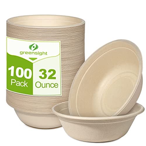 greensight Paper Party Serving Bowls For Salad Ice Cream Dessert And Hot Soup 32oz Heavy Duty Ecofriendly Disposable Biodegradable Compostable Made Of Sugarcane 100 Pack