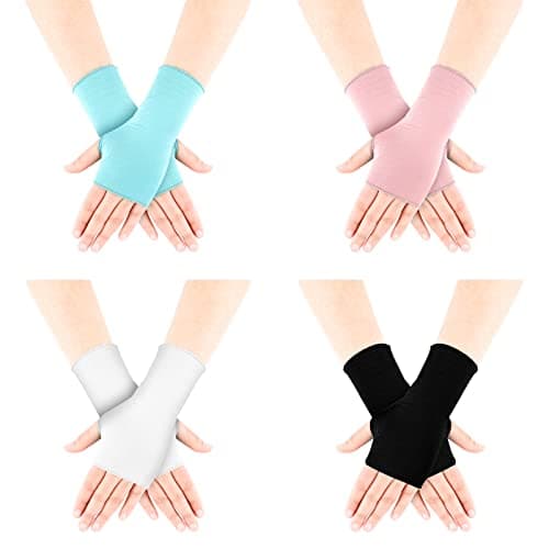Bememo 4 Pack Sun Protection UV Gloves Driving Sun Block Gloves Cooling Fingerless Wrist Length Cotton for Women(Bright Color)