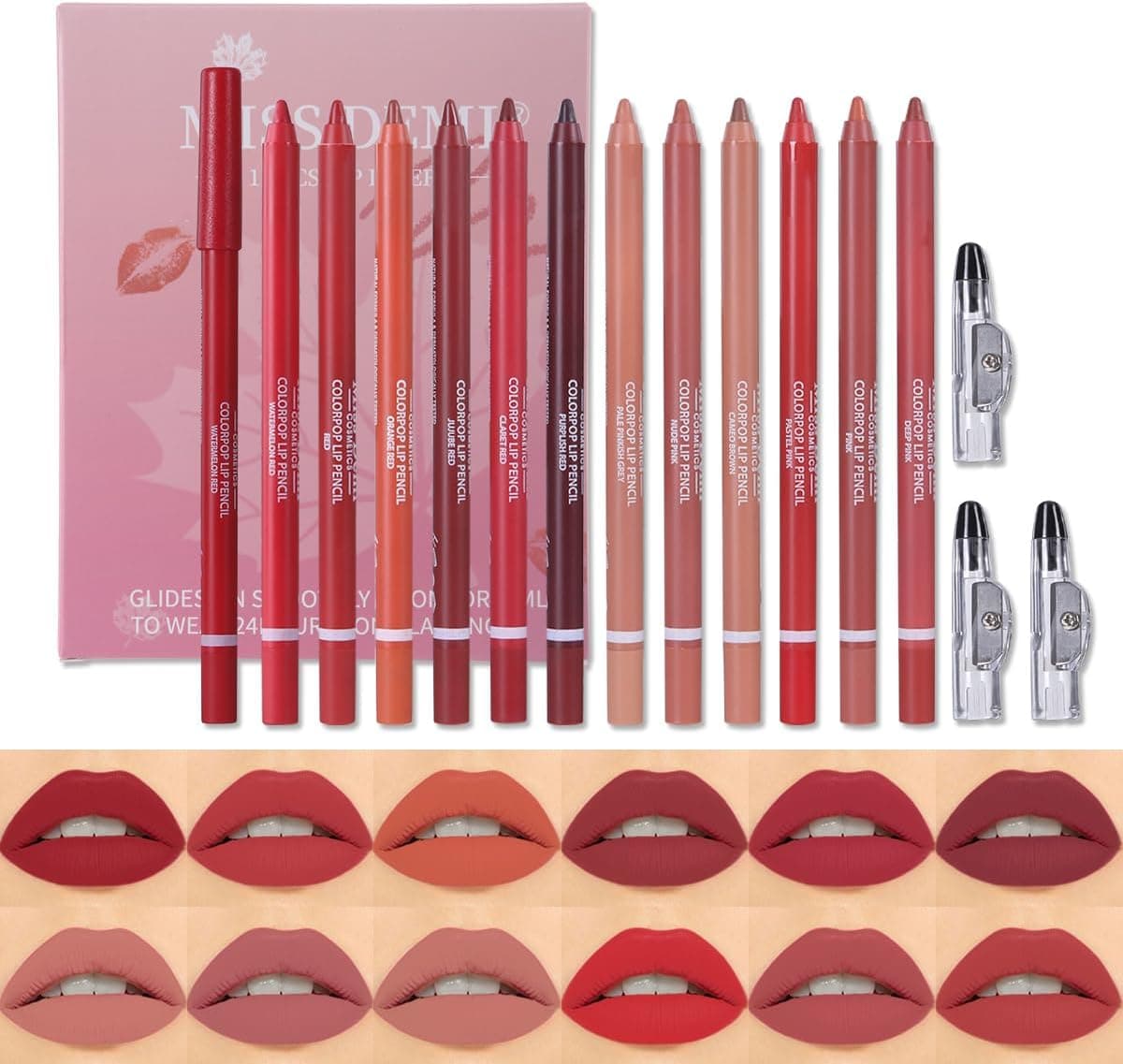 Miss Demi 12 Colors Sculpting Matte Velvet Lip Liner Set Creamy Velvet Pigmented Lip Liner lipliners Crayon Lipstick Matte Lip Liner Set Lip Makeup Soft Pencils for women 12 Color