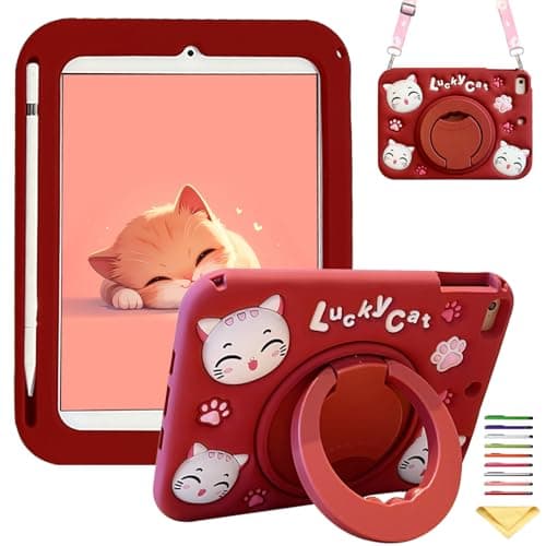 Kids Case for iPad (A16) 11th Gen 11" 2025/iPad 10th Generation 10.9 inch 2022, UUcovers 360° Rotating Ring Handle/Stand Case with Pencil Holder/Shoulder Strap Girl Boy Cute Soft Cover, Red Lucky Cat