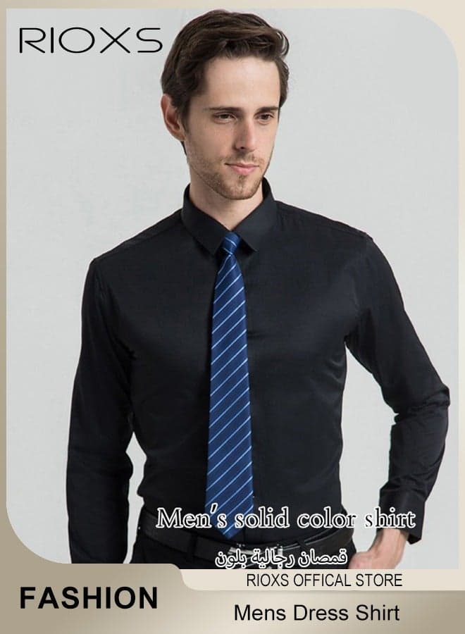 Men's Shirt, Solid Color Long-Sleeve Dress Shirt, Regular Fit Dress Shirt for Layering, Business Casual Top, Button-Down Collar Shirt, Black