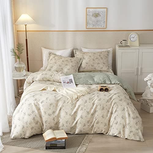 VM VOUGEMARKET Floral Bedding Twin Reversible Gray Beige Flower Duvet Cover Set,Cottagecore Duvet Cover Matching 2 Pillowcases 100% Cotton Chic Girls Bedding Set -Twin(68"x86")
