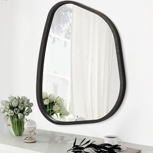 HLFMVWE Irregular Wall Mirror Asymmetrical White Mirror Modern Wood Frame Unique Shape Wall Mounted Vanity Artistic Mirror Decor for Living Room Bedroom Bathroom Entryway Hallway 14"x10"