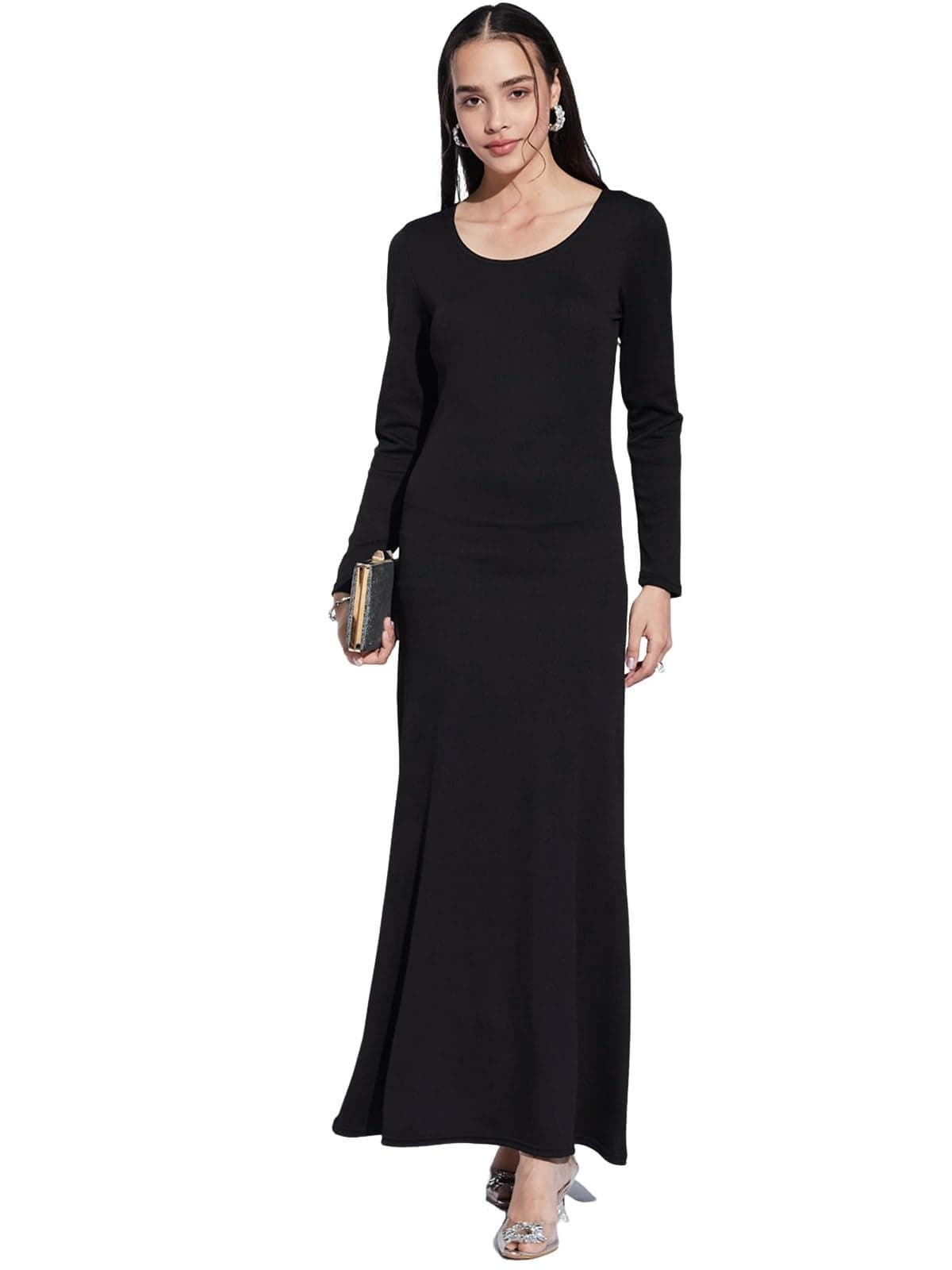 Selvia Western Full Sleeve Long Dress for Women (781DTK12082N-M_Black)