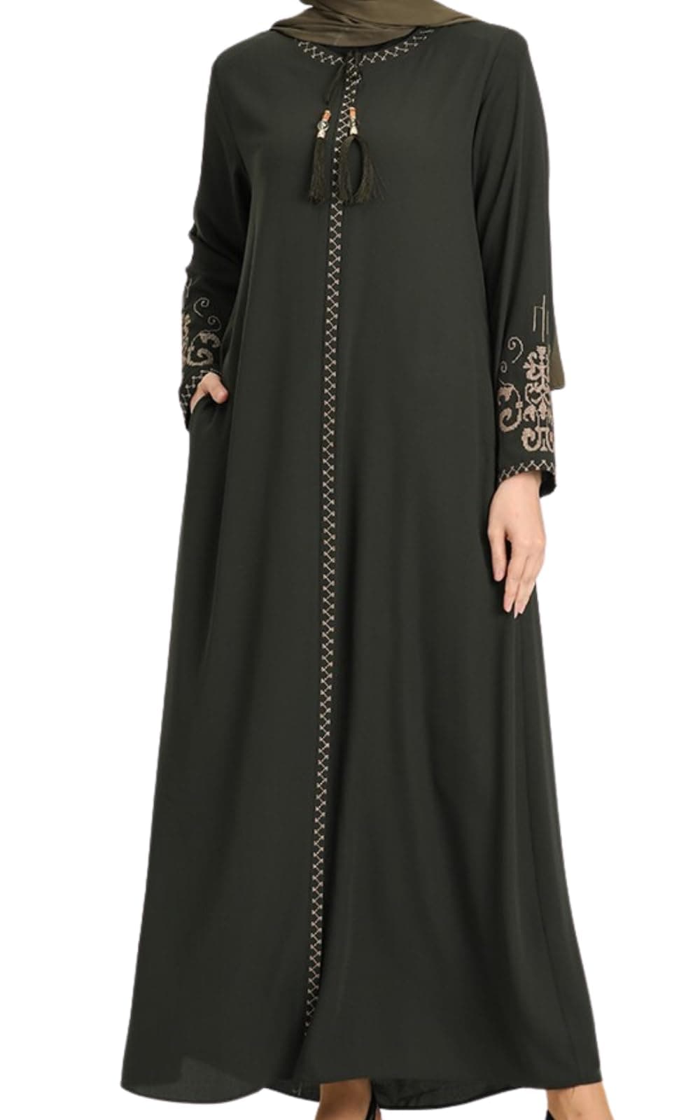 Women's Embroidered Sleeves Abaya and Embroidered On The Side of The Zipper Long Sleeve Floor Length Turkish Islamic Fashion (Green, XX-Large)