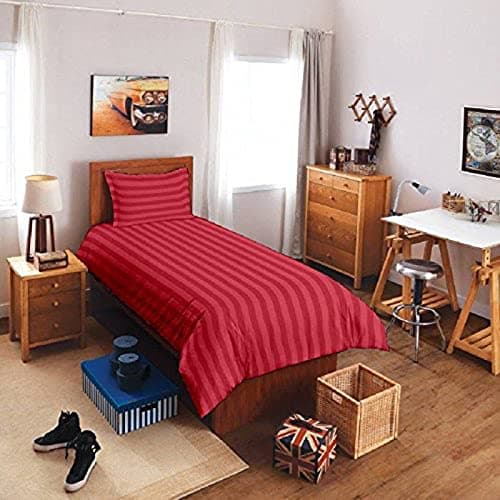 Furnistitchs Plain Satin Stripes Single Bed Sheet with 1 Pillow Cover 60"X 90" inches Cotton Feel (Red)