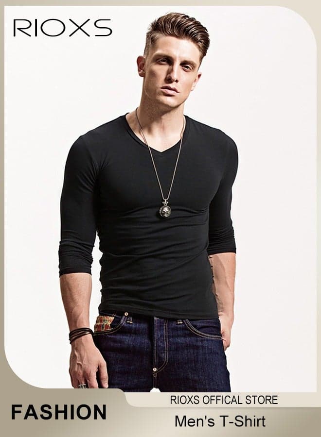 Men's V-Neck Long Sleeve T-Shirt, Casual Slim Fit Tees for Men, Comfy Lightweight Stretchy V-Neck Tops, Spring Fall Breathable Solid Color Undershirt Base Layer Top for Daily Wear, Commuting, Family Gatherings, Outdoor Adventures and More, Black