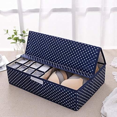 House of Quirk Innerwear Clothing Organizer 16+1 Compartment Non-Smell Non Woven Foldable Fabric Storage Box for Closet (44 x 28 x 12 cm Navy Blue Polka)