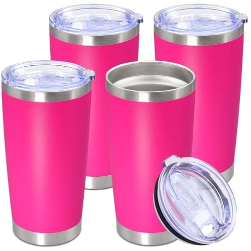 AUWBON 20oz Tumbler Stainless Steel Tumbler Cup with Lid Vacuum Insulated Double Wall Travel Mug, Durable Powder Coated Travel Coffee Tumbler Mug for Hot & Cold Drinks, Hot Pink,4 Pack