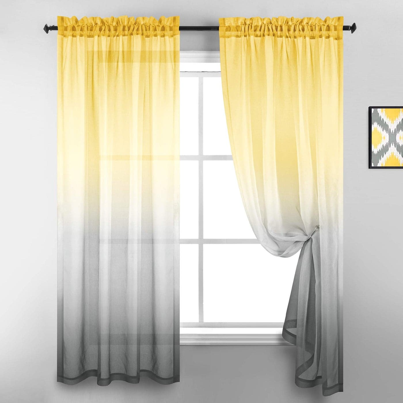 KOUFALL 63 Inch Length Yellow and Grey Sheer Curtains 2 Panels Set Window Curtains for Bedroom Kitchen DecorBright Yellow and Light Gray