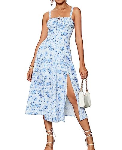 Floral Midi Corset Dress Wedding Guest Flowy Slit Lace Up Dresses for Women Tea Party A Line Casual Sundress Blue