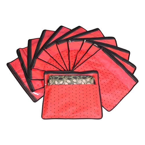 PrettyKrafts Non Woven Saree Covers With ZIP, Pack of 12, Size(17 × 15 Inches) Single Sari Storage Bags/Cover/Pouches for Packing New Sadi - Wardrobe Organizer For Sarees/Cloths With Top Window, Red