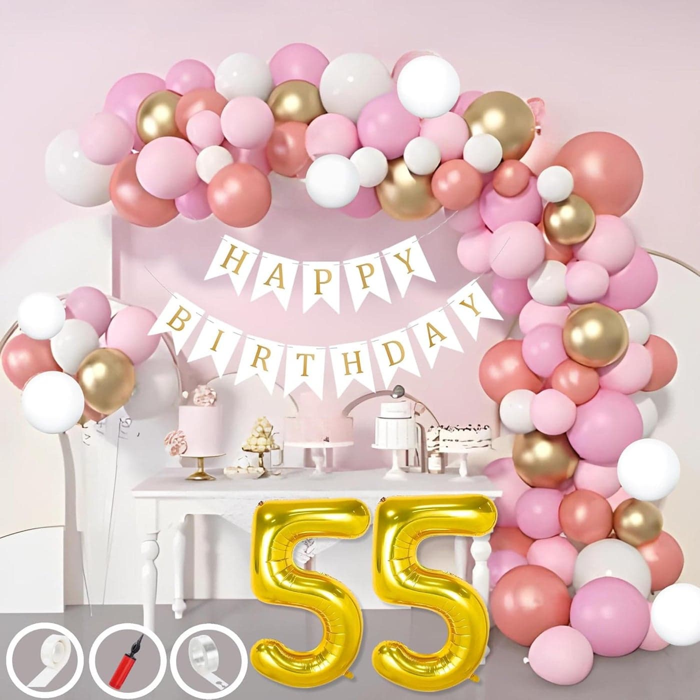 Mystic Toy Store 55th Birthday Decoration Items for Pink and White Theme Combination for Girls 50 Pcs Pink White Gold Rose Gold Balloon White Birthday Banner Balloon Pump Arch Tape Glue Dots