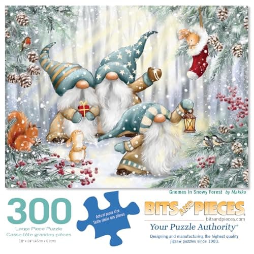 Bits and Pieces 300 Piece Puzzles for Adults 300 Large Pieces 18 x 24 Jigsaw Puzzles Christmas Winter Fantasy No 2 Pieces Alike Gnomes in Snowy Forest
