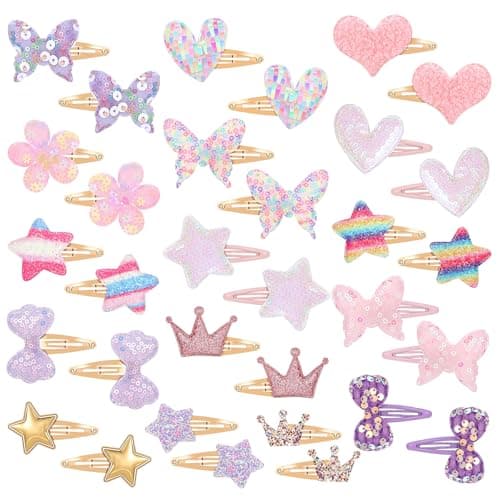 32 Pcs Hair Clips for TeensSparkly Metal Snap Barrettes Cute Glitter Toddler FlowerStarCrownHeartButterfly Hair Accessory Multicolor Shaped Hair Accessories