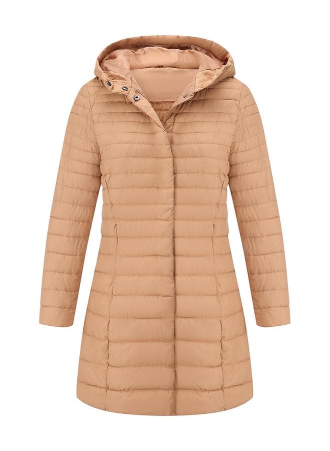 Beige Longline Puffer Coat with Hood — L