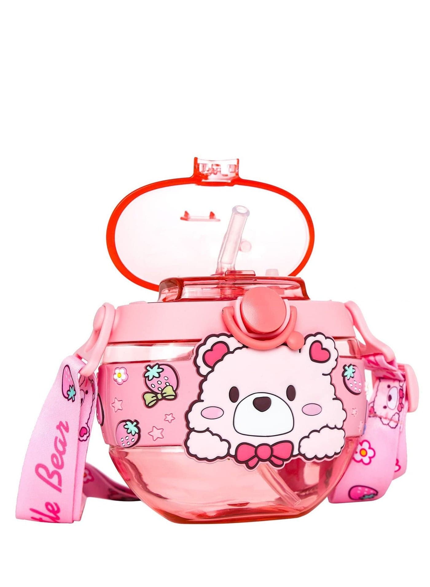 Water Bottle with Straw, 14oz Girls Bottles Sippy Lid and Shoulder Strap for School Leak Proof Reusable Plastic Cute Round Drink Sports Cups