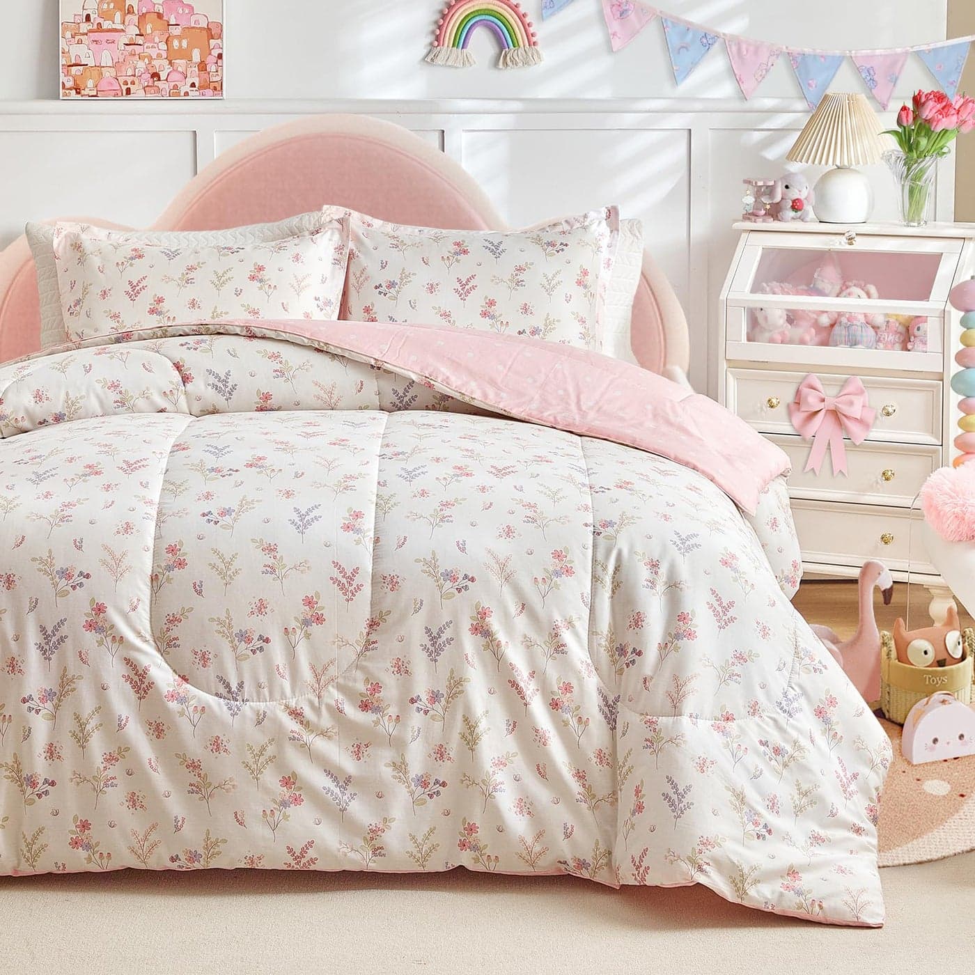 Joyreap 3pcs Cotton Comforter Set for Girls Pink Floral Design Twin Size Soft n Cozy Bedding Comforter Set for All Season 68x88 inches