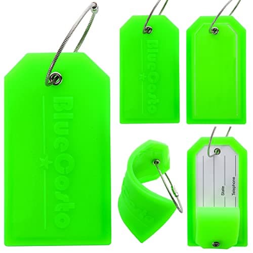 BlueCosto - Luggage Tags - Large, Green, 5 PK - PVC Suitcase Tags w/Privacy Cover & Stainless Steel Wire Loops - Personalized Baggage Identifiers for Travel - Backpack Name Labels