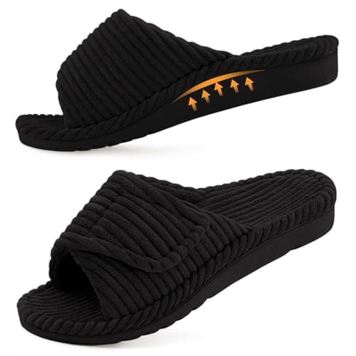 Litfun Orthopedic Slippers for Women Arch Support Indoor House Slippers Adjustable Open Toe Corduroy Bedroom Shoes with Memory Foam for Plantar Fasciitis Black 38