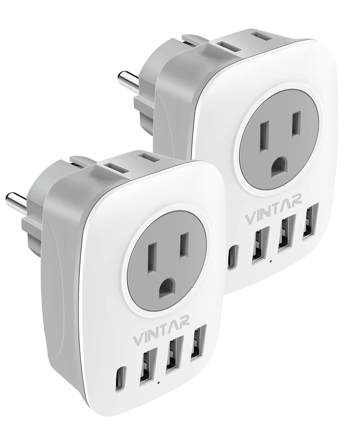 2 Pack Type E/F Plug Adapter, VINTAR Schuko Germany France Adapter Plug,South Korea Outlet Adapter with 1 USB C,3 USB Ports and 2 Outlets, US to EU Spain Iceland Greece Paris German French Korea