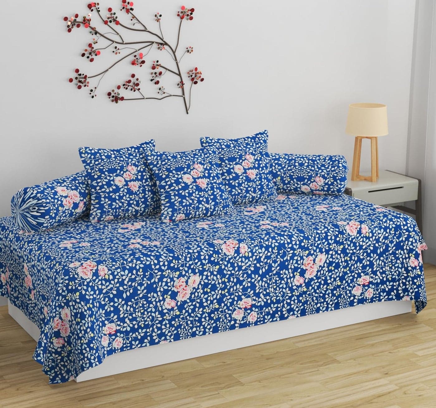 SHOMES Pure Soft Cotton Printed Diwan Set Covers 6 Pieces - 1 Single Bed Sheet (60 X 90) with 3 Cushion (16 X 16), 2 Bolster Covers (16 X 32) - (Blue, Medium)