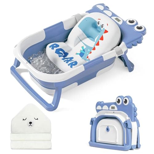 MoreFeel Collapsible Baby Bathtub for Newborn with Thermometer 1 Hooded Towel 1 Soft Floating CushionPortable Travel Bathtub with Drain Hole Durable Foldable Baby Tubs for Infants to Toddler