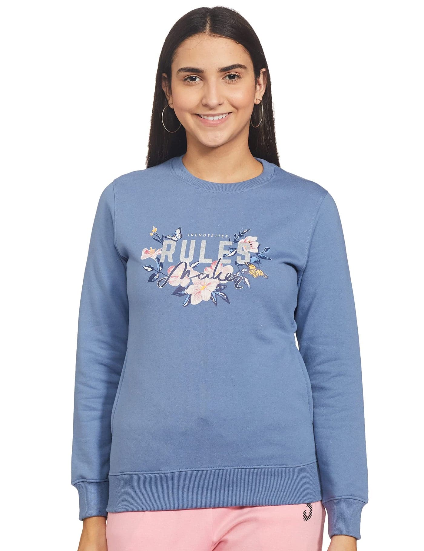Qube By Fort Collins Women's Fleece Hooded and Crew Neck Regular Fit Sweatshirt(305 SMU-Blue-L_Blue_Large)