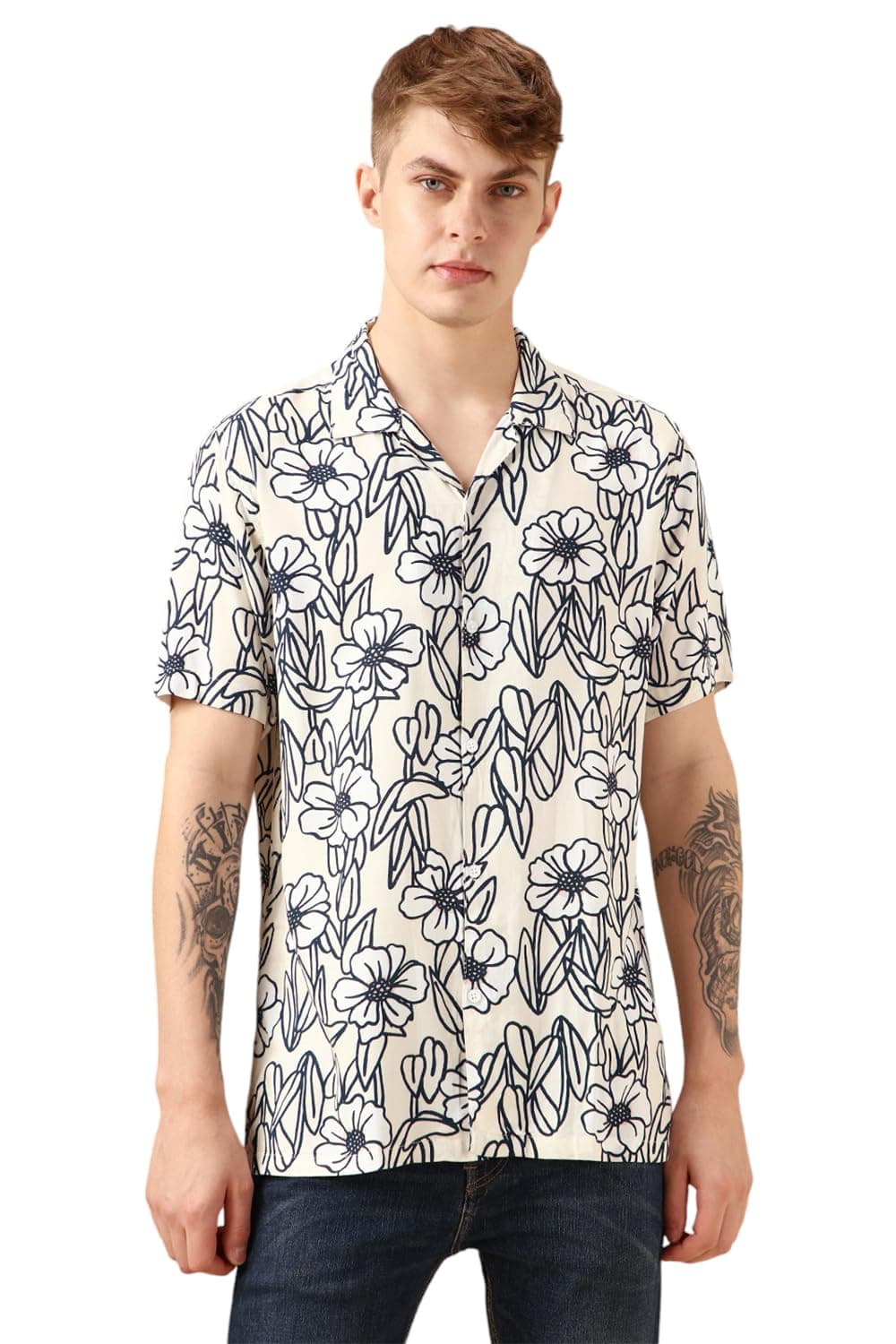 Dennis Lingo Men White Rayon Half Sleeve Cuban Collar AOP Shirts_DLMSHMJJ24002