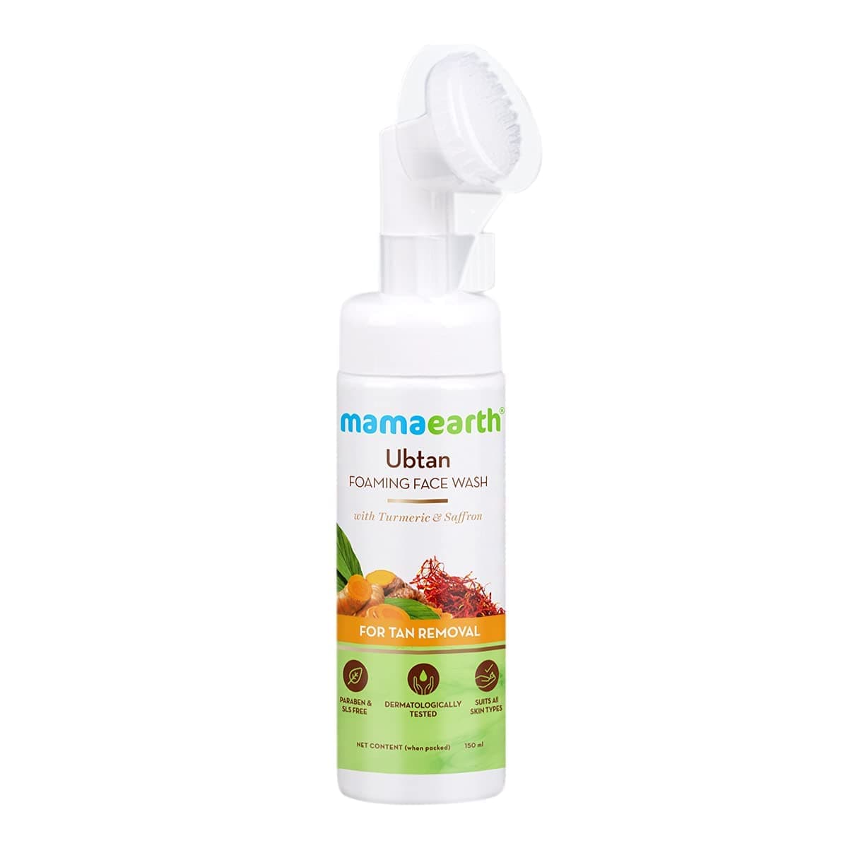 MAMAEARTH Ubtan Detan Foaming Face Wash with inbuilt Brush Gentle Hydrating Facial Cleanser for Tan Removal with Turmeric Saffron Extract 507 Fl Oz 150ml