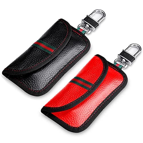 VAWcornic 2 Pack Faraday Bag, Genuine Leather RFID Signal Blocking Pouch, Keyless Signal Block Key Case for Car Security, Anti-Theft Remote Entry Smart Fob Protection - Red+Black