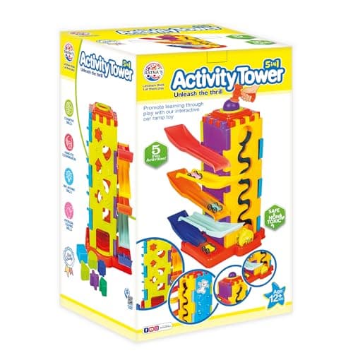 Ratna's Activity Tower 5 in 1 for Kids 1+ Year with Car Race, Shape Sorter, Tumbling Panda, Wheel Slider and Hammering Fun Activities for Toddlers