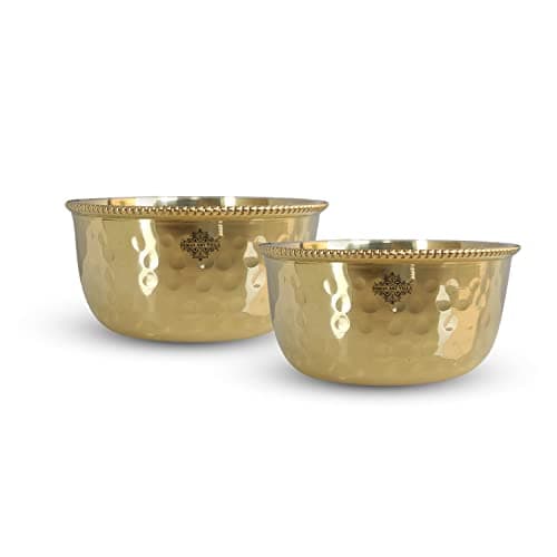 INDIAN ART VILLA Pure Brass Hammered Beeded Design Flat Bottom Bowl, Decorative Dinnerware, Tableware and Serveware for Home Hotel Restaurant, Volume-230 ml, Set of 2