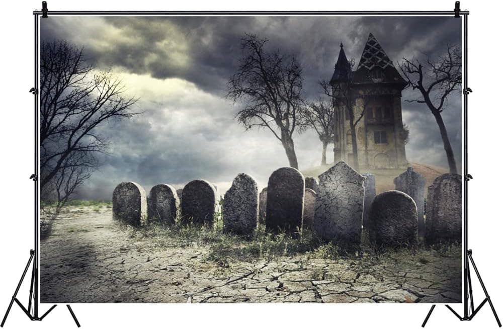 Laeacco Halloween Theme Backdrop 10x65ft Scary Haunted House Creepy Cemetery Backdrop Cloudy Wilderness Ghastly Spooky Tombs Foggy Haunted Castle Trick or Treat Party Decoration Halloween Photo Prop