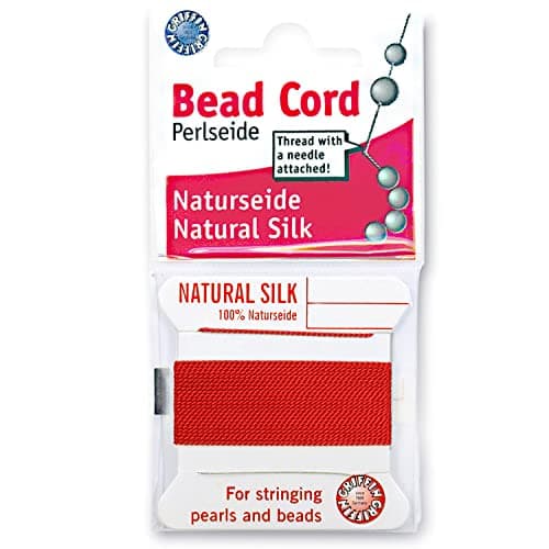 Griffin Silk Bead Cord Perlseide – Red Color – Size 4 (0.60mm) – 2 Meters per Card – Stainless Steel Needle Attached – for Knotting Pearls, Gemstones, Crystals and Beads