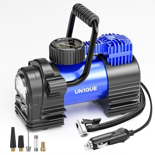 UN1QUE Heavy Duty Tyre Inflator Portable Air Compressor, DC 12V Tire Air Pump and 120PSI Pressure Gauge, Portable Tyre Inflator for Car Tires, Motorcycles, Bike, Ball