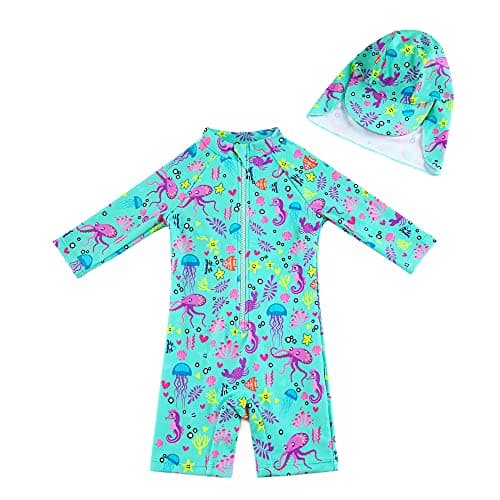 upandfast Baby/Toddler One Piece Zip Sunsuits with Sun Hat UPF 50+ Sun Protection Infant Beach Swimsuit (Green, 12-18 Months)