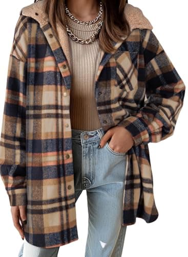 Dokotoo Winter Clothing Coats for Women Jackets Flannel Shirt Shackets for Women 2025 Sherpa Fleece Jackets Hooded Clothes Oversized Fleece Jacket 2025 Fall Fashion Button down Coat Women's Shacket